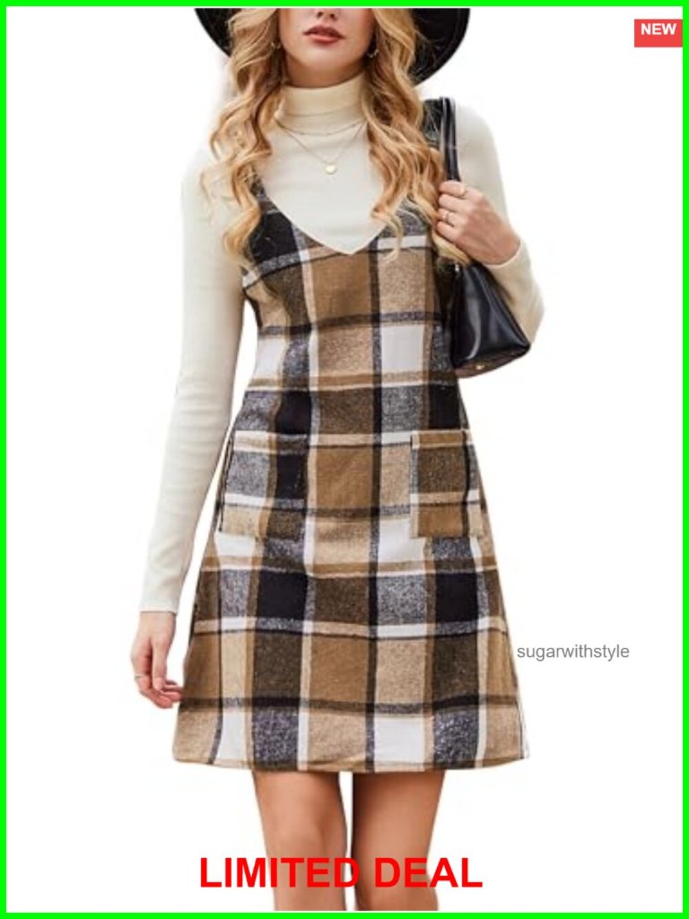 Plaid Pinafore Mini Dress Patch Pockets Wide Straps A-Line Fall Dress